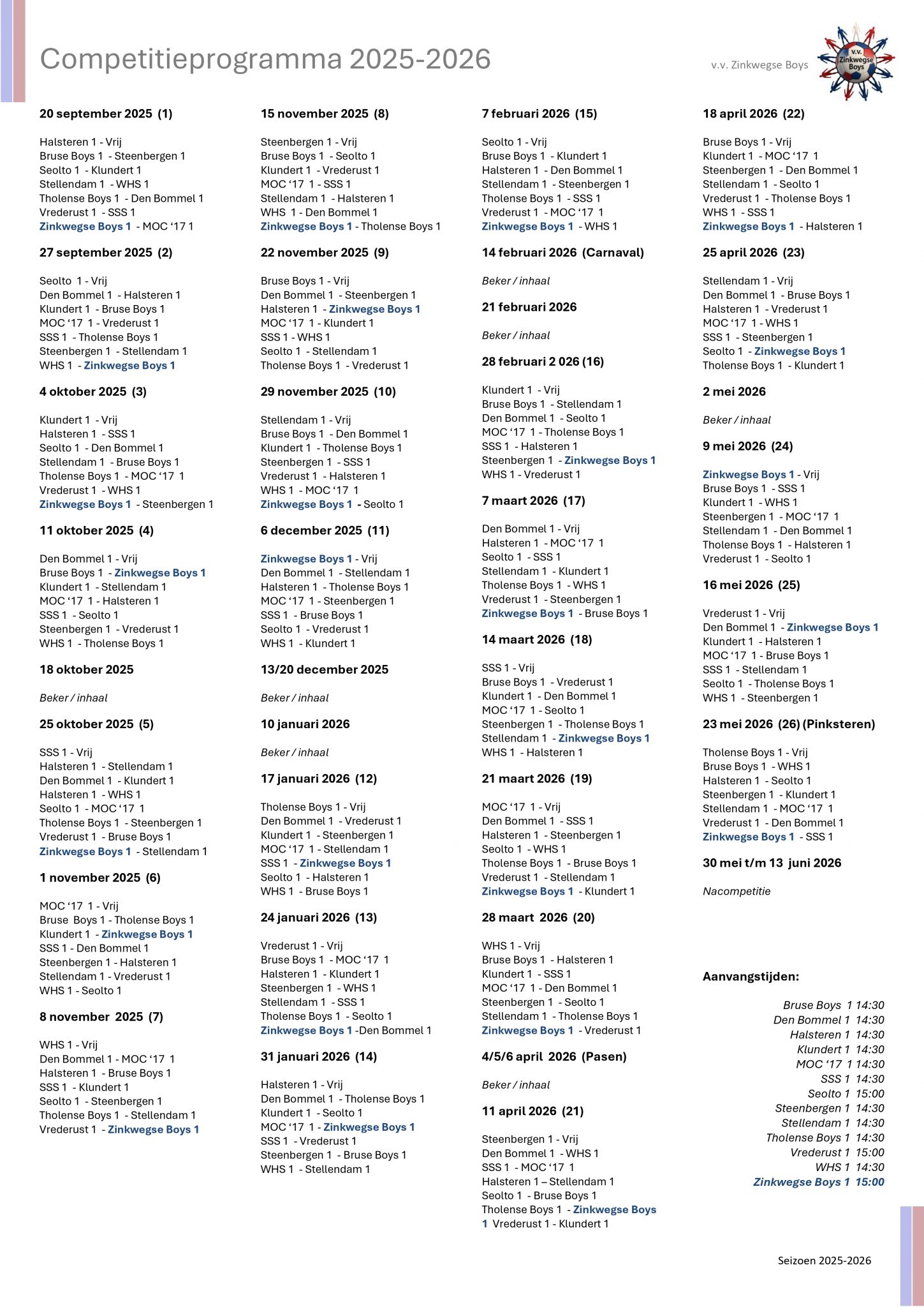 Competitieprogramma ZWB 1 2025-2026